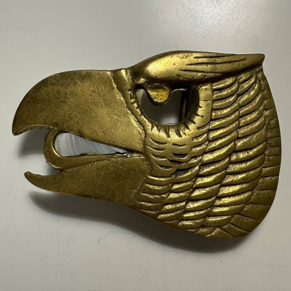 Vintage R.O.C. Taiwan 164 Brass Eagle Mother of Pearl Inlay 4 inch Belt Buckle